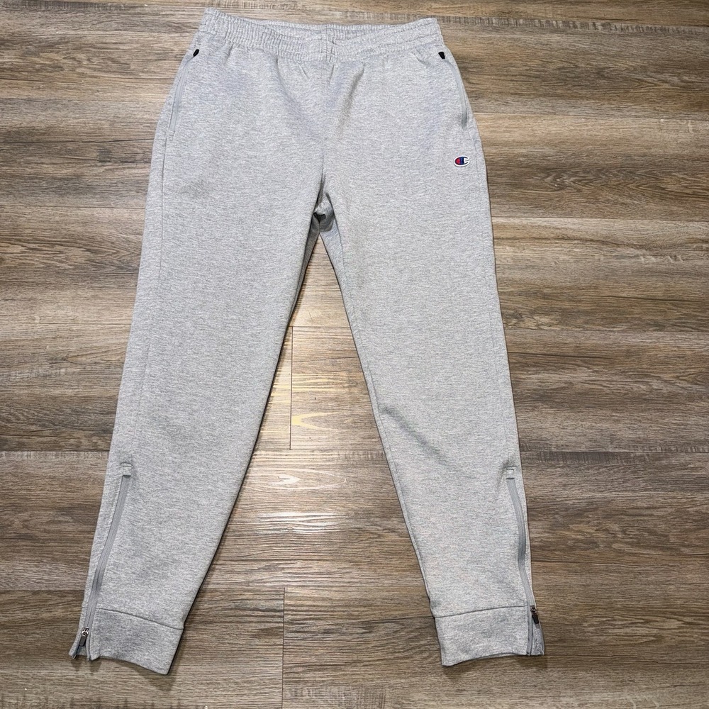 Champion Sweatpants Joggers Mens Medium Gray Logo Zippered Pockets/Leg